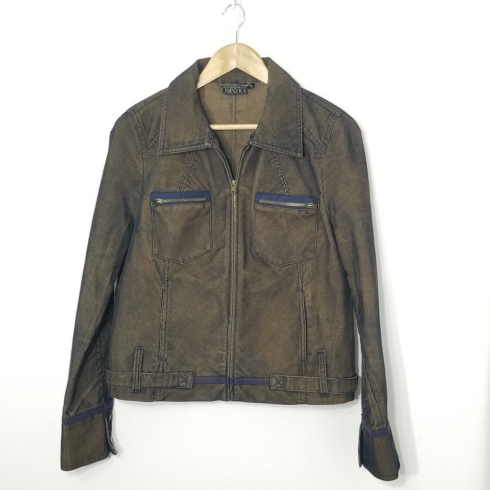 Yukka Vintage Blue Pin Striped Zip Front Pockets Jacket Brown Size 10